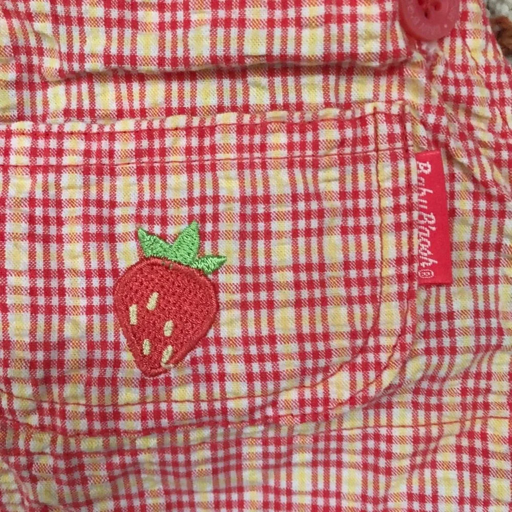 VTG RARE OshKosh B'gosh Pink Gingham Ruffle Strawberry Baby Overalls 12M HTF USA